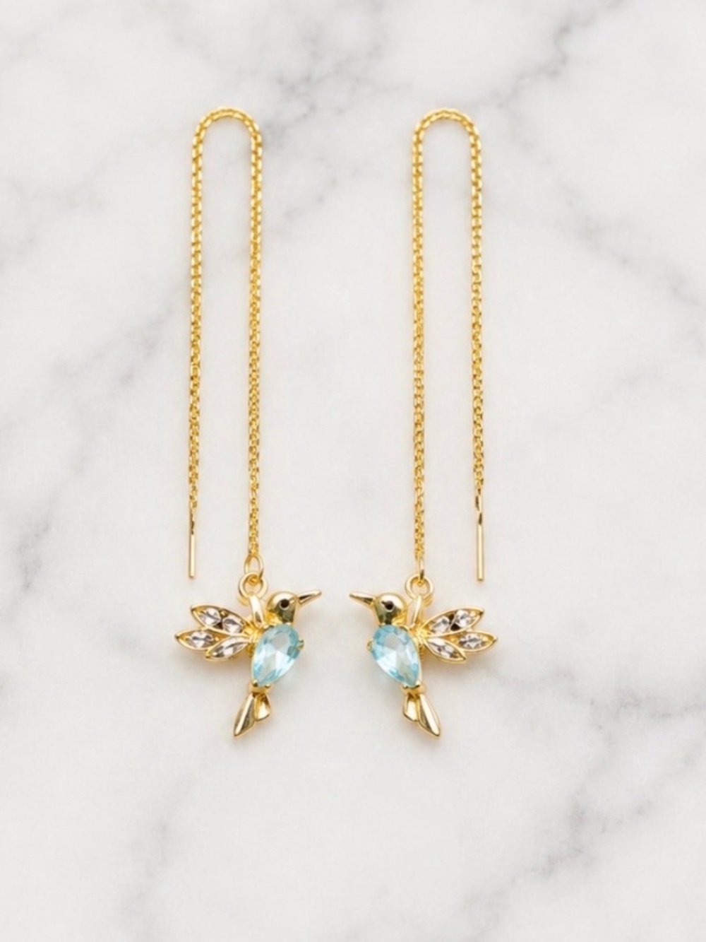 Gold Tone Hummingbird Drop Earrings with Blue Crystal Accents
